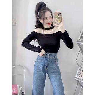 Áo thun trễ bẹt vai tay dài choàng cổ