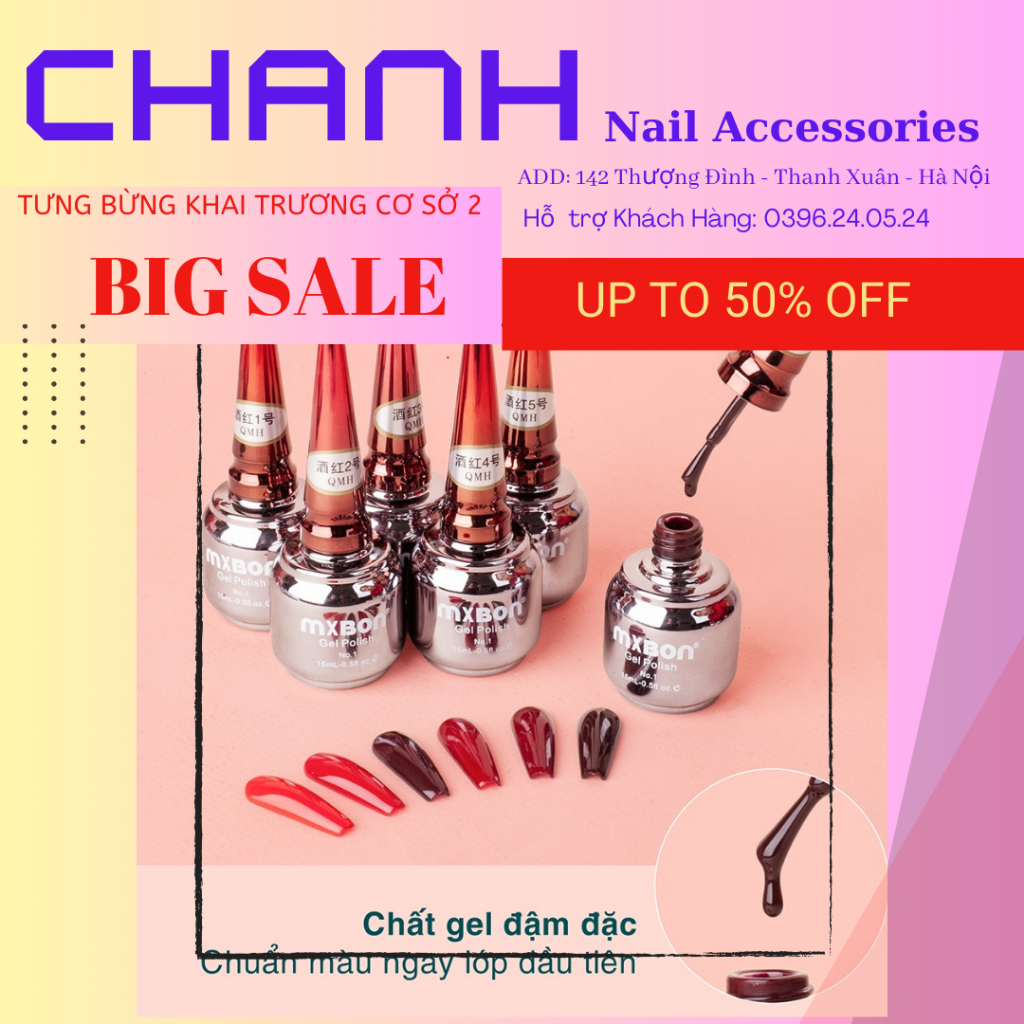 Sơn gel Mxbon chính hãng tone đỏ 6 màu tôn da, chất gel đậm đặc lên chuẩn màu