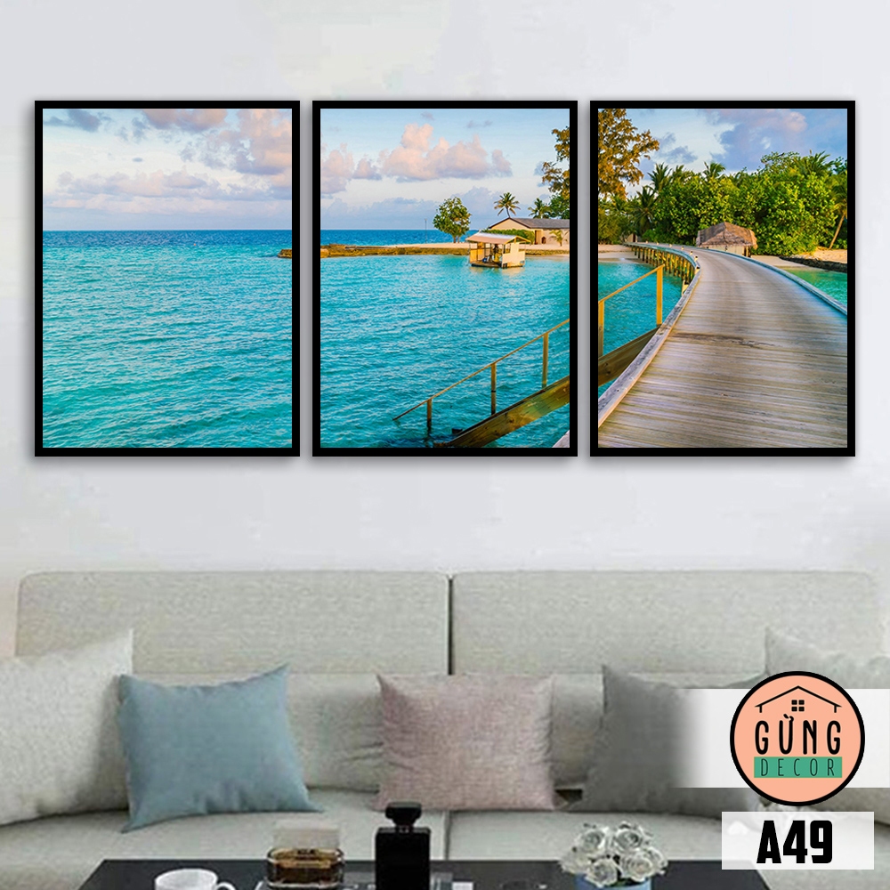 Bộ 3 Tranh Treo Tường Có Khung(dày 2cm), Tranh Dán Tường Không Khung(dày 5mm) Phong Cảnh Biển (Mã A49). Trang Trí
