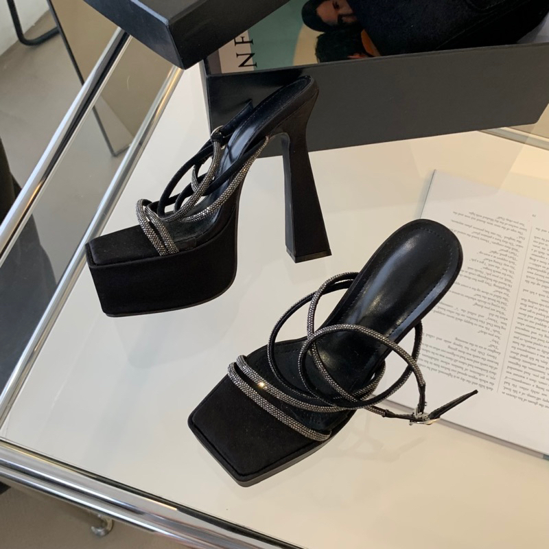 Giày sandal đế đúp 15p mũi vuông dây đá lụa satin hồng đen 339-3