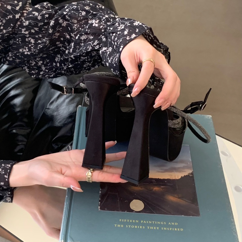 Giày sandal đế đúp 15p mũi vuông dây đá lụa satin hồng đen 339-3