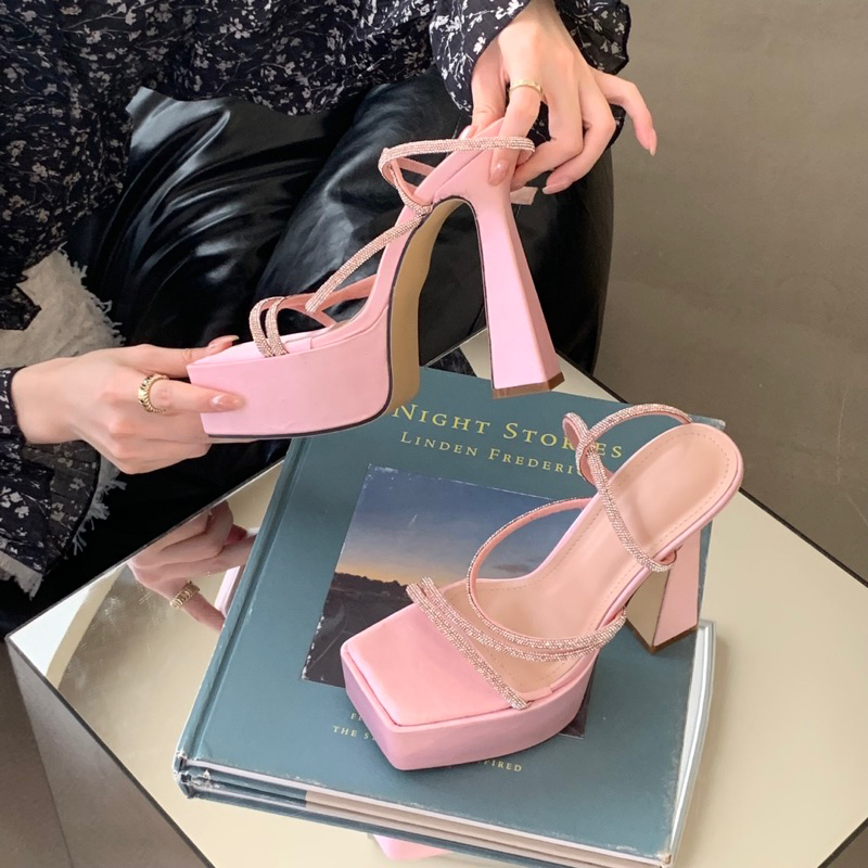 Giày sandal đế đúp 15p mũi vuông dây đá lụa satin hồng đen 339-3