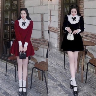 Xả Hàng Đầm váy nhung phối cổ lụa ren tay dài dáng xoè xinh xắn, sang trọng Ht0179