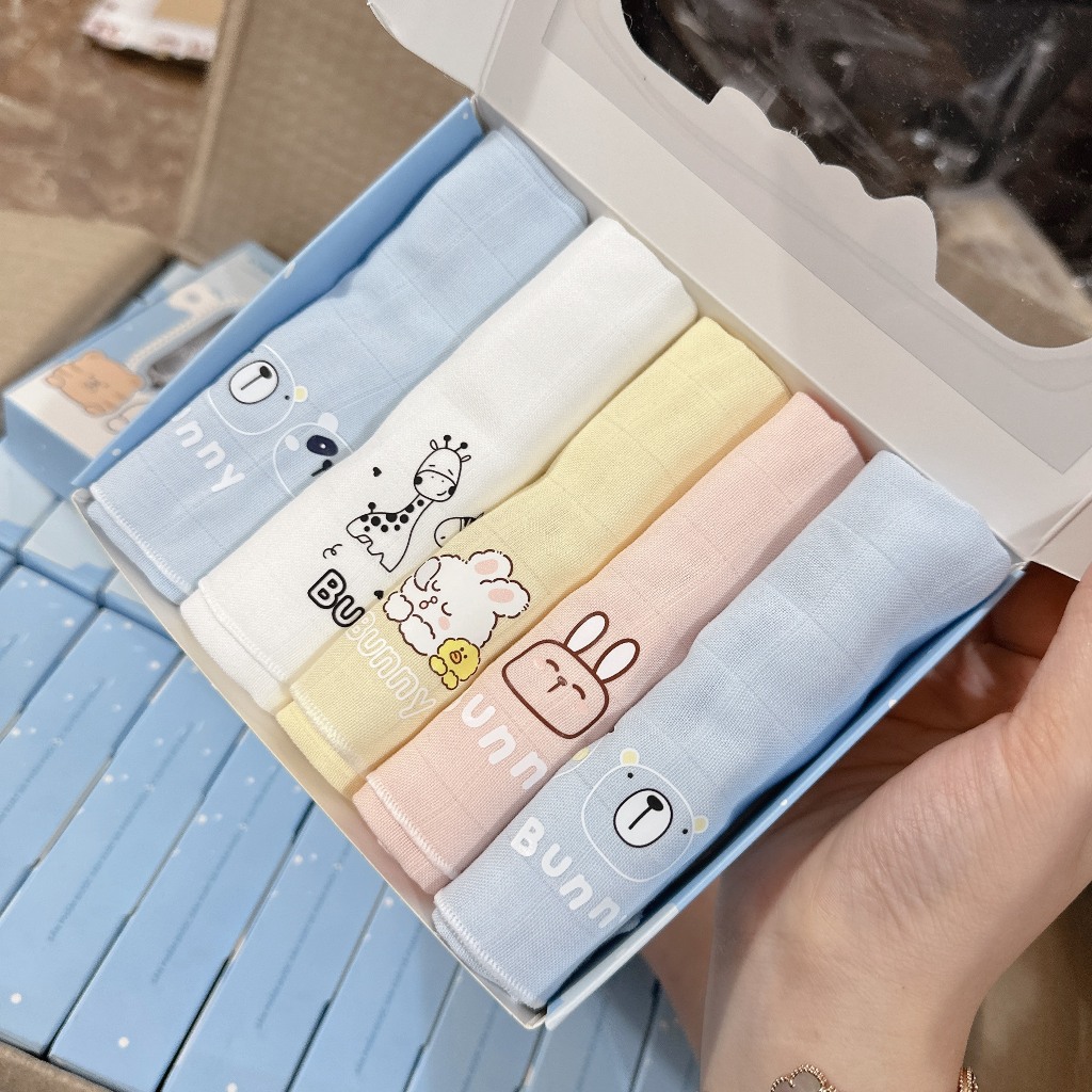 Set 5 Khăn sữa sợi tre lụa Bunny, Boona Siêu Mềm Mại Cho Bé