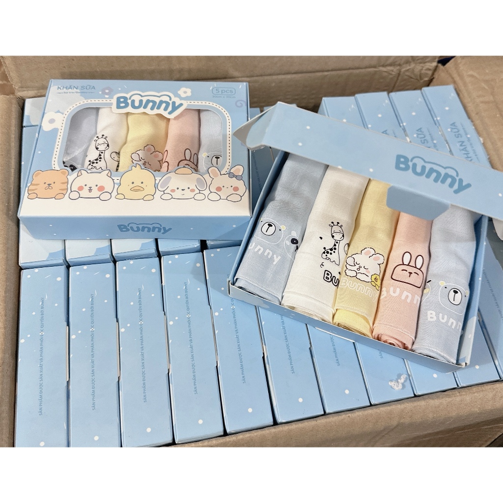 Set 5 Khăn sữa sợi tre lụa Bunny, Boona Siêu Mềm Mại Cho Bé