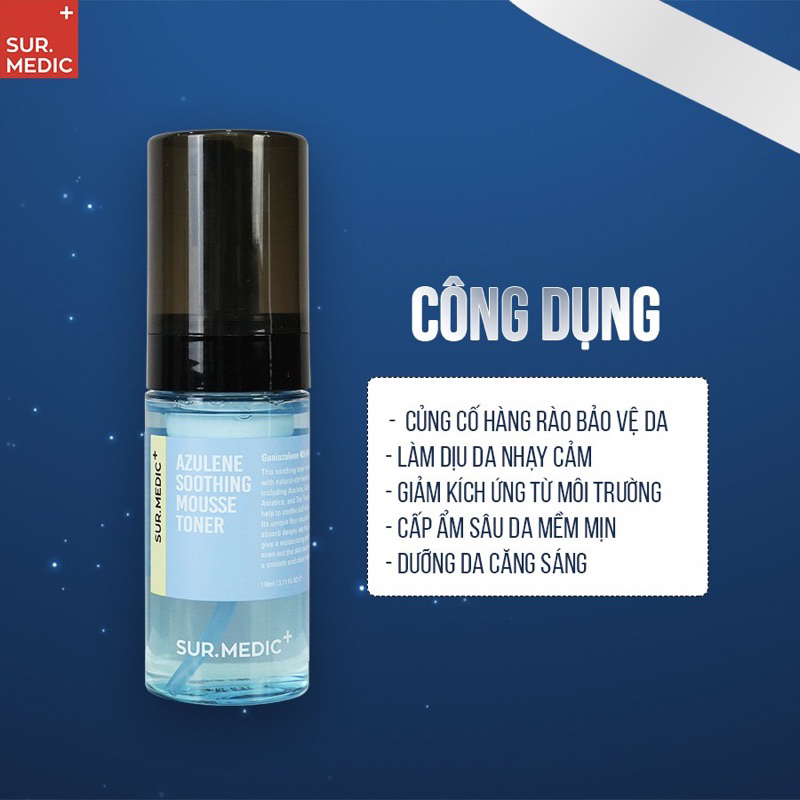 TONER DẠNG BỌT SE KHÍT LỖ CHÂN LÔNG VÀ PHỤC HỒI DA AZULENE  SUR.MEDIC+ AZULENE SOOTHING MOUSSE TONER 110ML