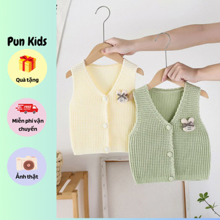 Áo gile len thu đông cúc bọc kèm sticker con gấu đáng yêu cho bé gái , bé trai 08 - 18 Kg AMĐ44