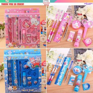 Bộ dụng cụ học tập 9 món bút bi,bút chì,thước kẻ,tẩy,kéo,gọt xoáy bút chì,keo dán giấy cực kỳ đáng yêu