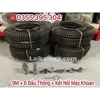 Dây thông tắc cống lò xo dùng máy khoan dài 9m + 6 đầu thông + kết nối máy khoan