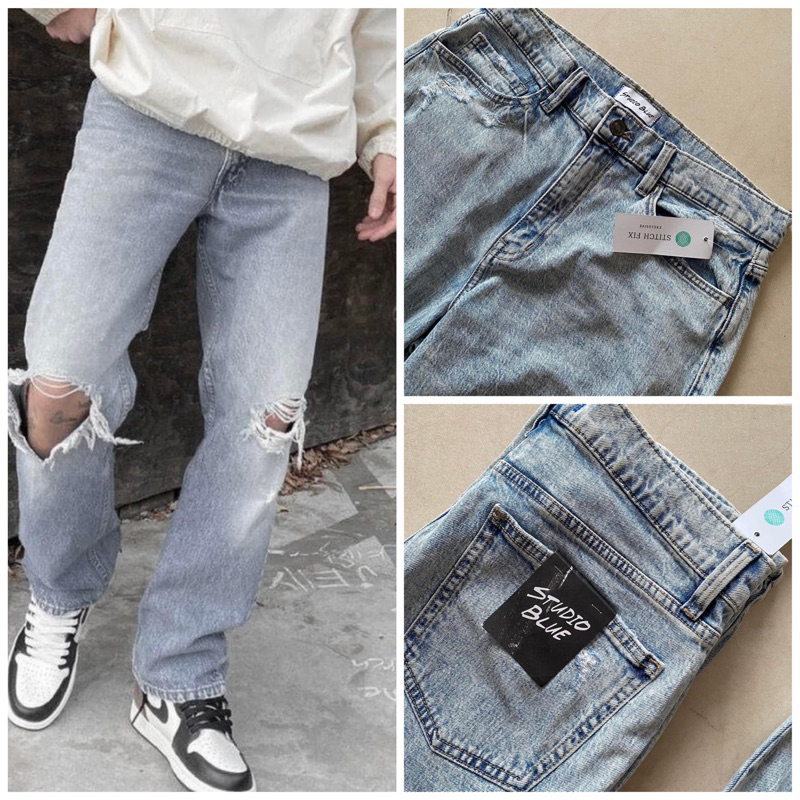 Quần jean rách gối ống rộng xuông fit thoải mái màu xanh sáng chính hãng