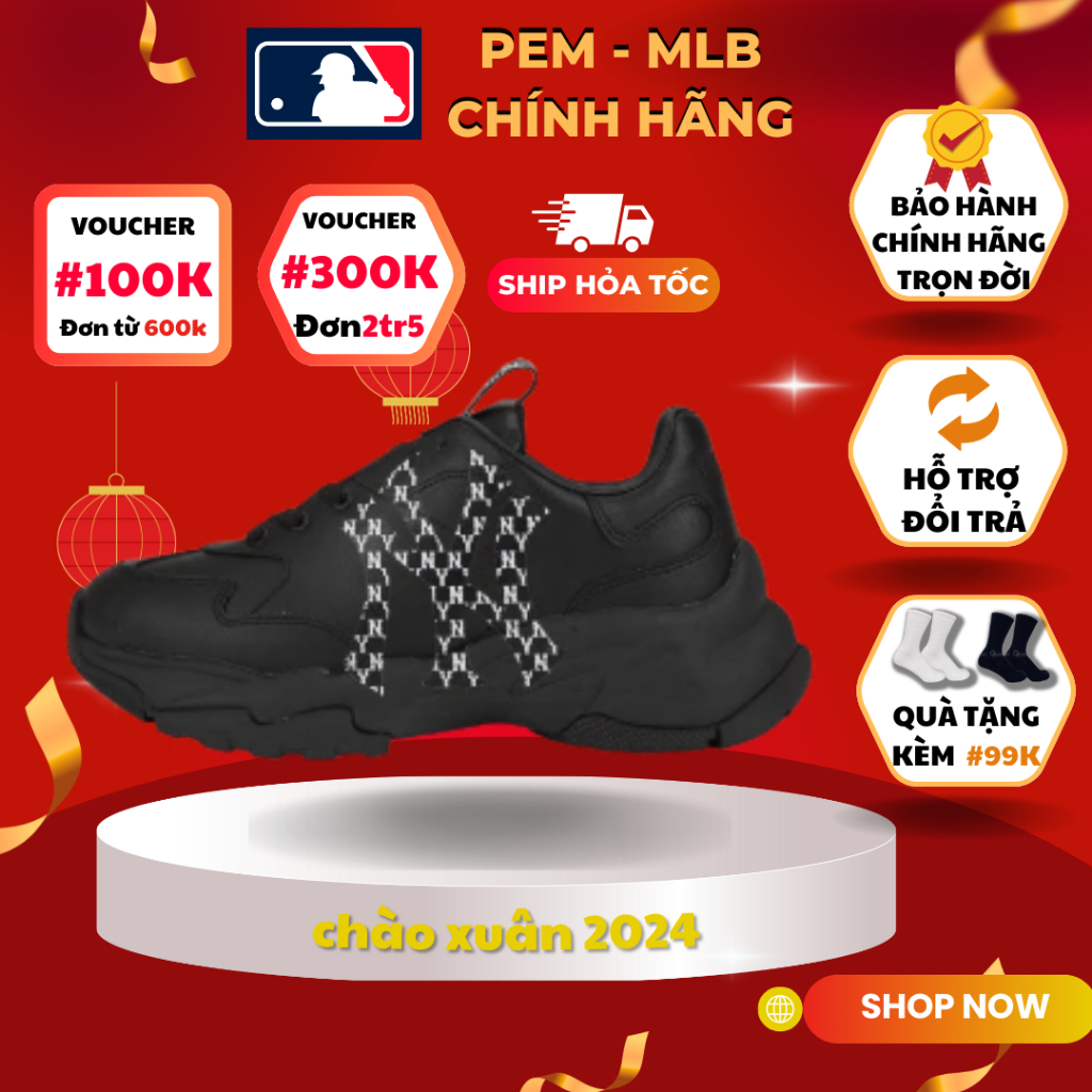 Giày thể thao Sneaker MLB Big Ball Chunky Monogram Logo NY full đen