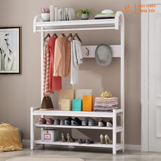 Giá treo quần áo móc câu, kết hợp kệ khung sắt mặt gỗ 4 tầng đa năng thiết kế thông minh, tiết kiệm không gian VNH-526