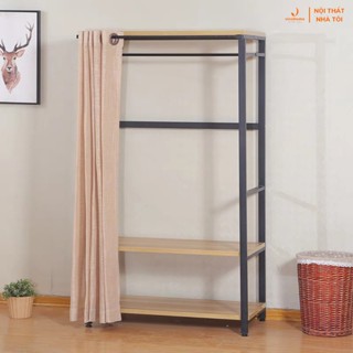 Giá, kệ treo quần áo khung sắt mặt gỗ 2 tầng, có thanh máng rèm đa năng, lưu trữ thông minh VNH-525
