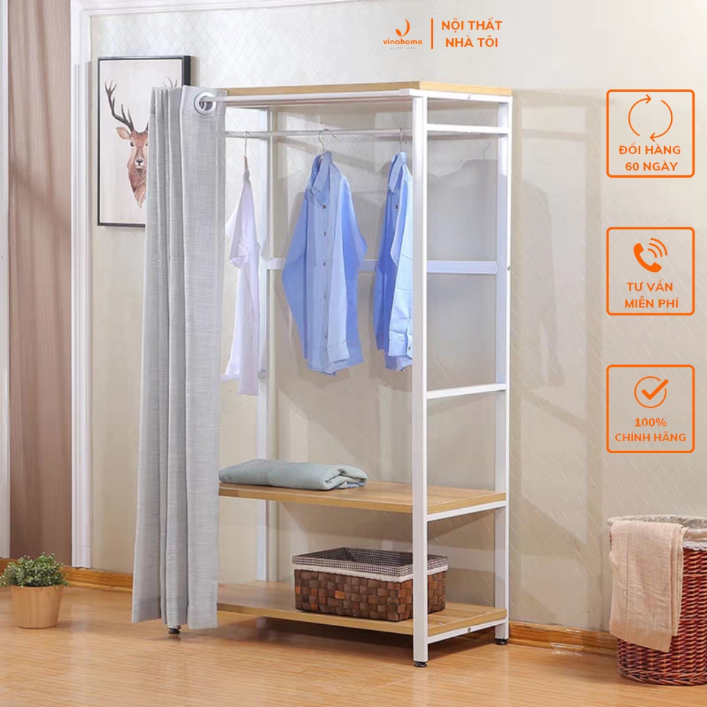 Giá, kệ treo quần áo khung sắt mặt gỗ 2 tầng, có thanh máng rèm đa năng, lưu trữ thông minh VNH-525