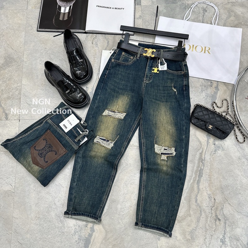 Quần jeans baggy xanh bạc rách chất co giãn hàng QCL1