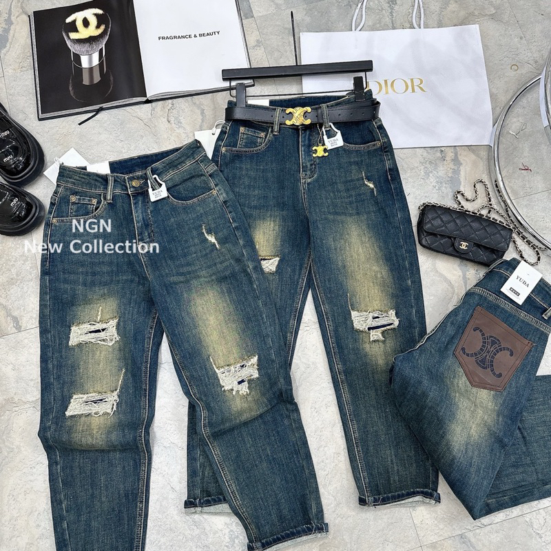 Quần jeans baggy xanh bạc rách chất co giãn hàng QCL1