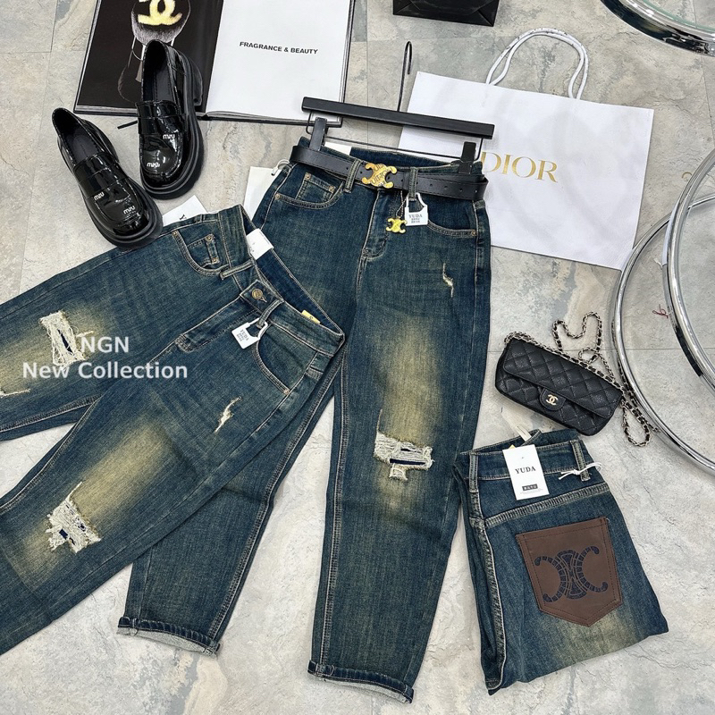 Quần jeans baggy xanh bạc rách chất co giãn hàng QCL1