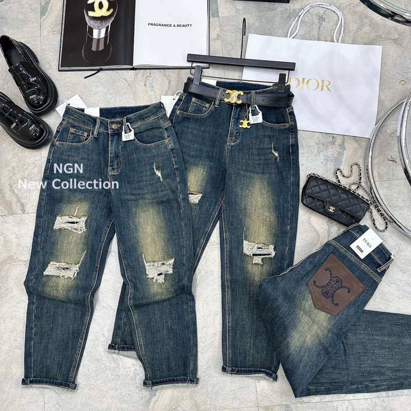 Quần jeans baggy xanh bạc rách chất co giãn hàng QCL1