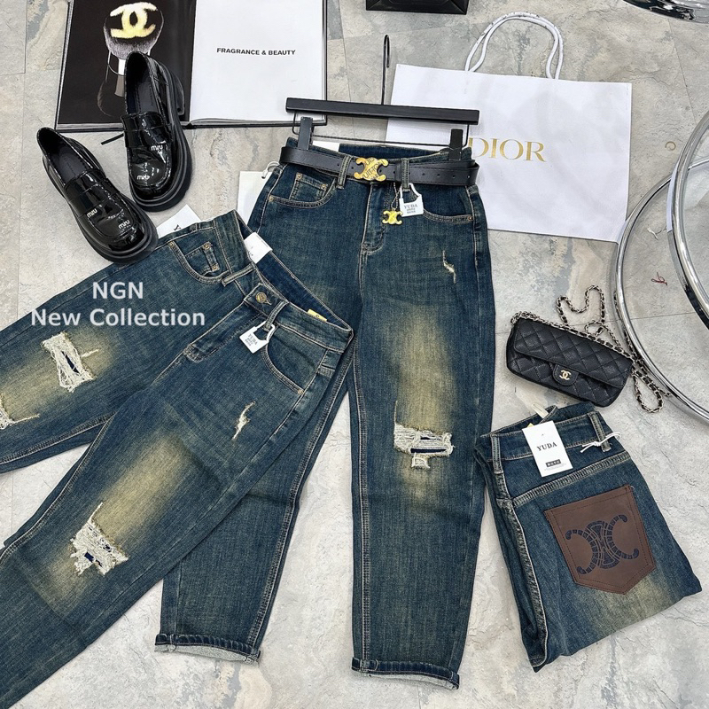 Quần jeans baggy xanh bạc rách chất co giãn hàng QCL1