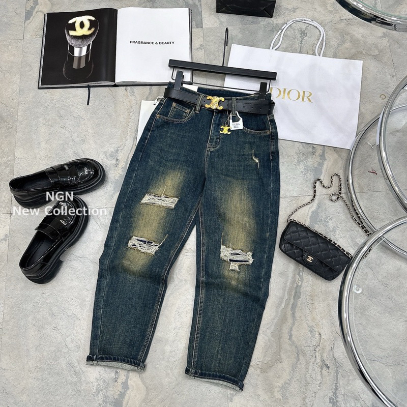 Quần jeans baggy xanh bạc rách chất co giãn hàng QCL1