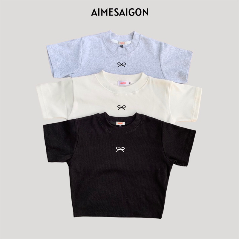 Áo phông thun gân Croptop form ôm hình in cao su nơ AIMÉ
