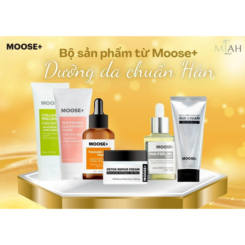 Combo 6 sản phẩm: peel moose+kem chống nắng +serum nám moose+kem moose+ sữa rửa mặt moose+tẩy da chết 150ml hạn 2026