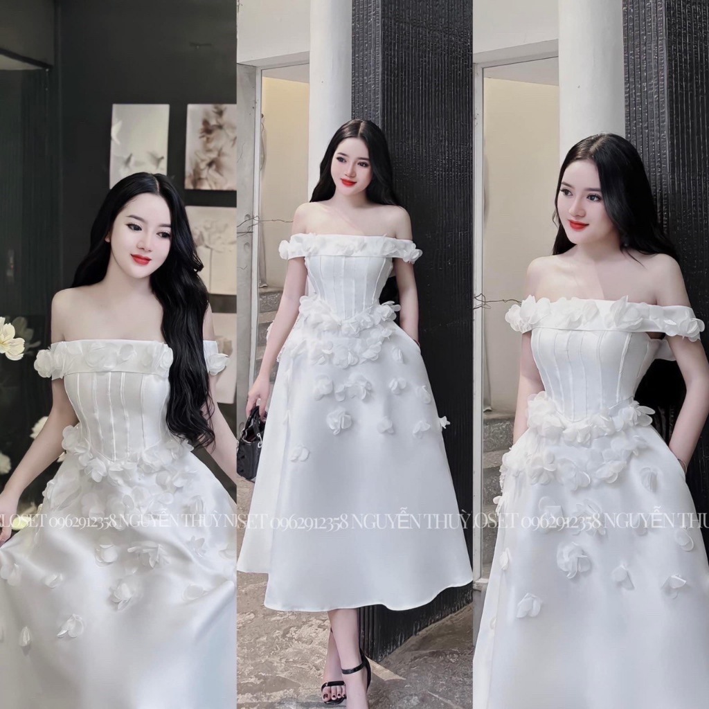 Đầm midi bẹt vai đính hoa Nhìn chất mà form em ấy mà xem, đẹp mê ly nha mí nàng ơi📩 Chất taffta đứng fom mềm, dáng dài t