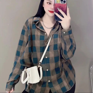 Áo sơ mi tay dài kẻ caro chất cotton phong cách hàn quốc, sơ mi nữ kẻ caro freesize from rộng freesize