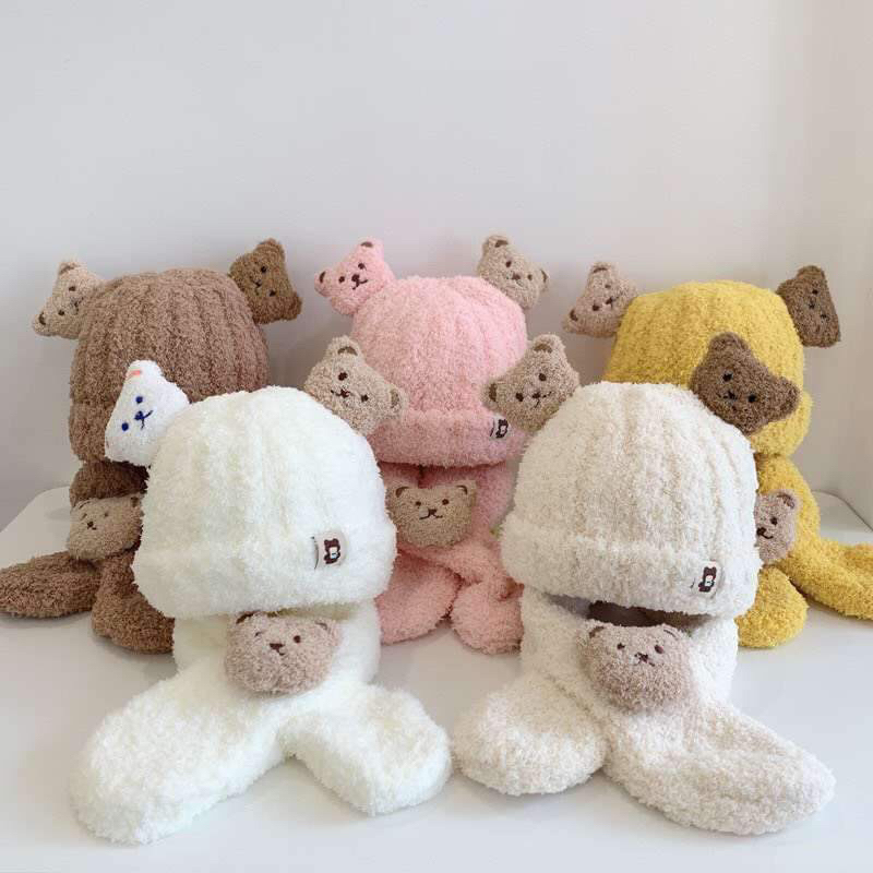 SÉT NÓN LEN KÈM KHĂN CỔ TAI HÌNH GẤU CHO BÉ