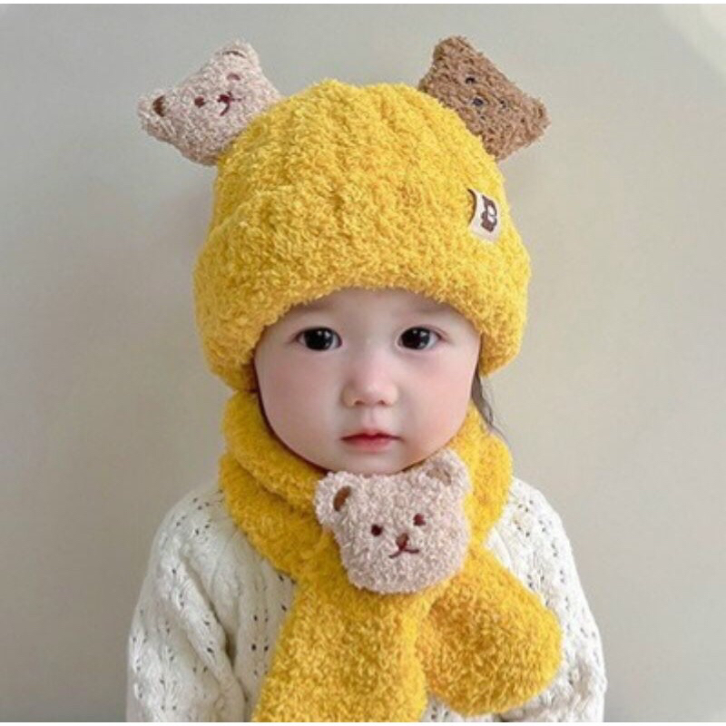 SÉT NÓN LEN KÈM KHĂN CỔ TAI HÌNH GẤU CHO BÉ