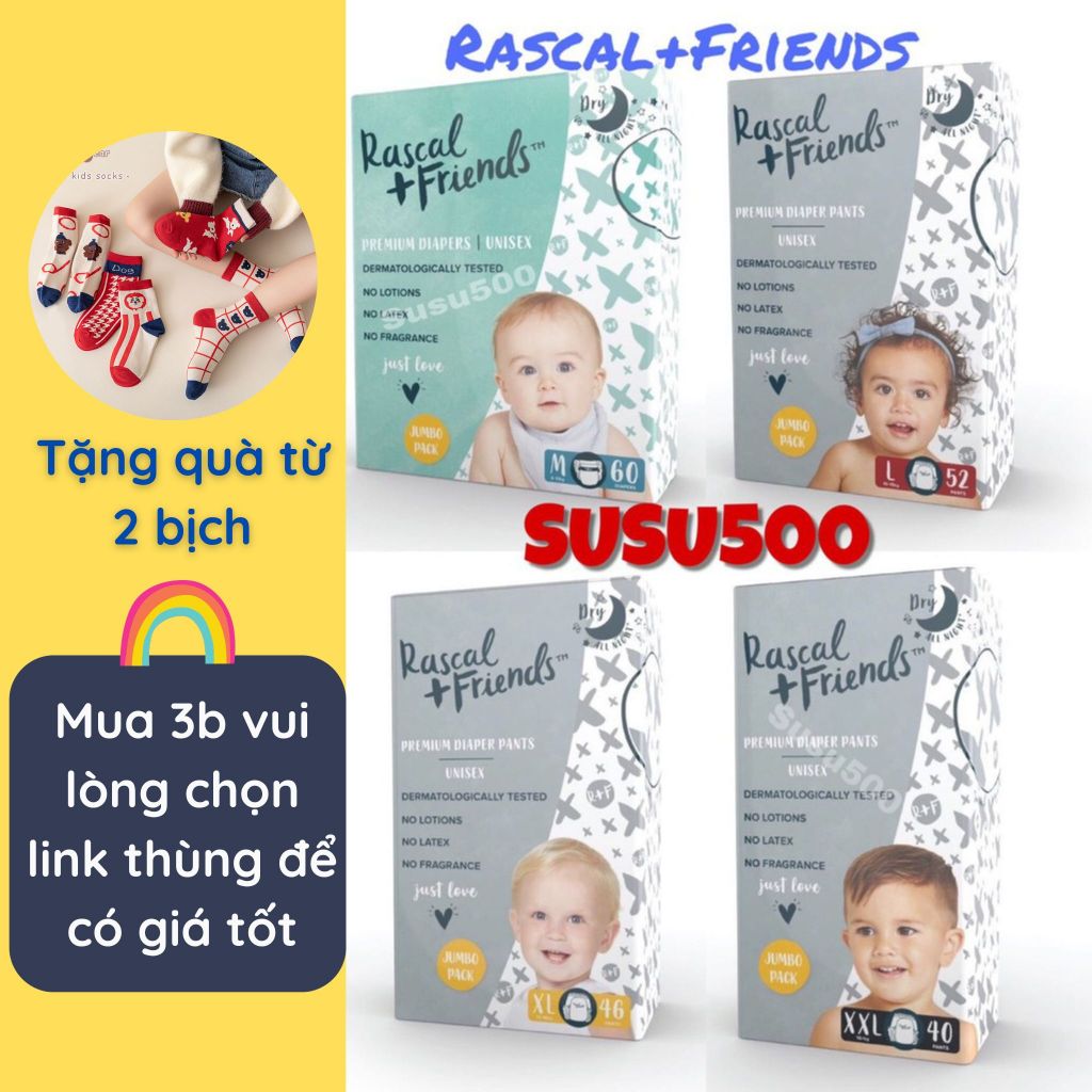 Tã/bỉm dán/quần Rascal + Friends size M58/L52/XL46/XXL40 (Hàng chính hãng - susu500)