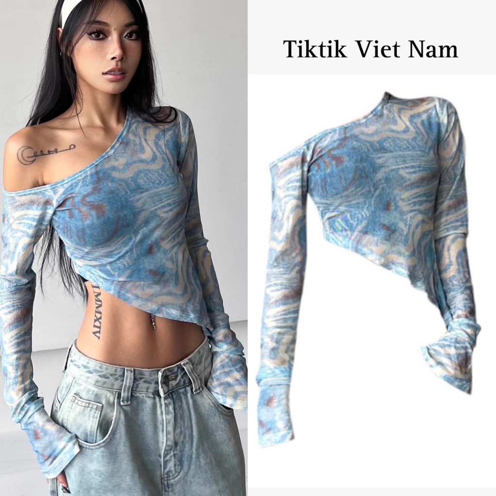 (SẴN) Áo croptop dài tay trễ vai chất voan lưới tay loe cá tính màu xanh biển  ACTV002 - Tiktik