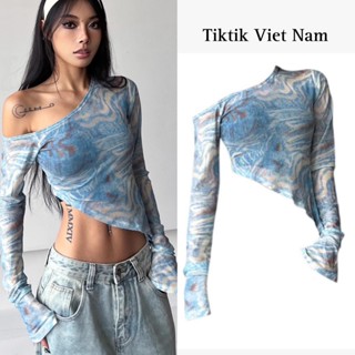 (SẴN) Áo croptop dài tay trễ vai chất voan lưới tay loe cá tính màu xanh biển  ACTV002 - Tiktik