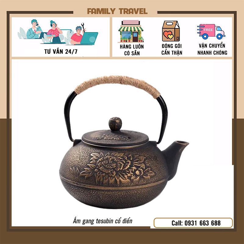 Ấm đun nước bằng gang pha trà phong cách Nhật Bản- Ấm gang tesubin cổ điển có thể tháo rời lọc - Family Travel