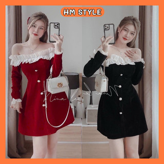 Váy nhung đỏ, đầm dáng xòe trễ vai phối bèo tay dài đính cúc ngọc sang chảnh đi chơi, Noel, Tết mã HV472 HMStyle