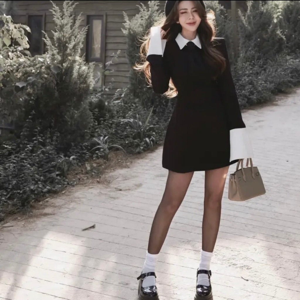 ❤️𝐒𝐀𝐍𝐃𝐑𝐀 𝐃𝐑𝐄𝐒𝐒 - 𝐀𝐒𝐇𝐘𝐋𝐄𝐘❤️ Đầm váy nữ cổ đức phối màu chân váy chữ A dáng ngắn tuyết mưa, Đầm dài tay  công sở thiết kế