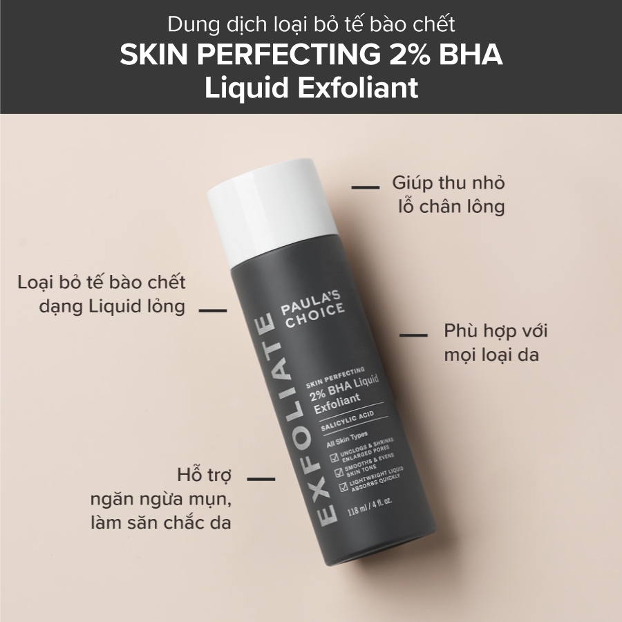 Tẩy da chết hóa học 2% BHA Pau.Choice Skin Perfecting 30ml, 118ml giảm mụn ẩn, làm sạch sâu