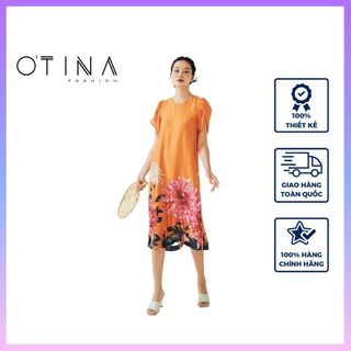 Đầm nữ thiết kế 𝐎𝐓𝐈𝐍𝐀 𝐅𝐀𝐒𝐇𝐈𝐎𝐍 đầm lụa cúc nền cam mềm mại, thanh lịch