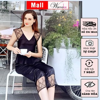 Đồ bộ mặc nhà phi lụa WANNABE BLS06 quần lửng mặc chung áo phối ren hoa nhã nhặn
