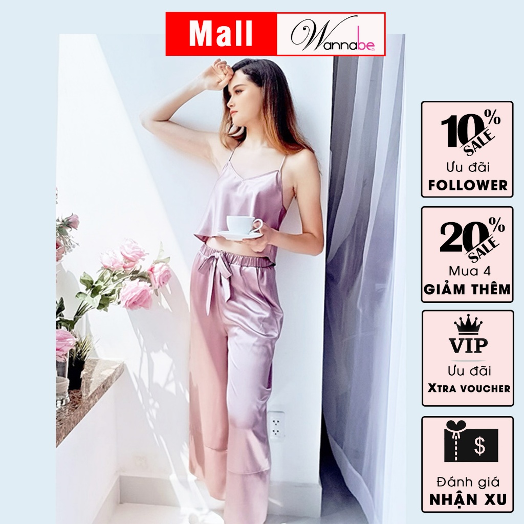 Đồ bộ mặc nhà phi lụa WANNABE BDS07 đồ bộ quần dài áo croptop, quần dài ống suôn thắt nơ eo, áo ba lỗ lưng ren xinh đẹp