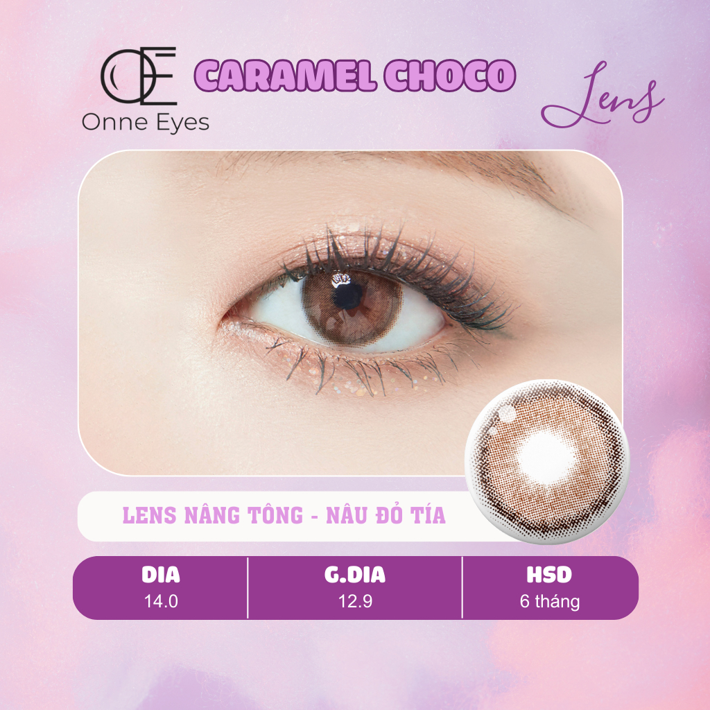 Kính áp tròng Caramel Choco ONNEEYES dòng lens cận sử dụng 6 tháng màu nâu đỏ tía giãn tròng tự nhiên G.dia 12.9mm