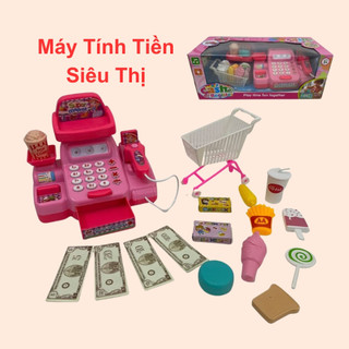 Máy tính tiền cho bé máy tính tiền siêu thị màu hồng nhiều phụ kiện cho bé chơi đồ hàng