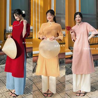 Áo dài cách tân nữ nhung mịn tay lửng phối viền đính cúc bọc HAVANA AD21