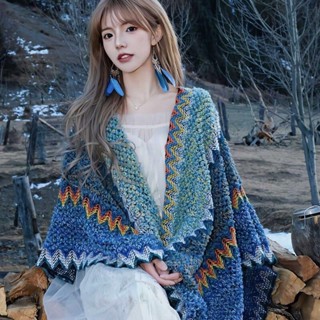 Khăn áo choàng len thổ cẩm len dệt kim, dáng dài phòng cách cổ điển dành cho nữ