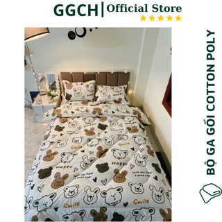 Bộ Chăn Ga Gối Cotton Poly drap giường 5 món nhiều size ga nệm mẫu Gấu Trắng Happy