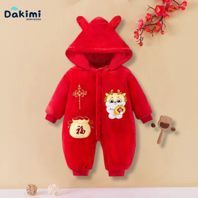 Bodysuit cho bé dài tay DAKIMI kèm mũ HÌNH HỔ ấm áp, body NỈ BÔNG cho bé trai bé gái mẫu quần áo sơ sinh cho bé 0-12M