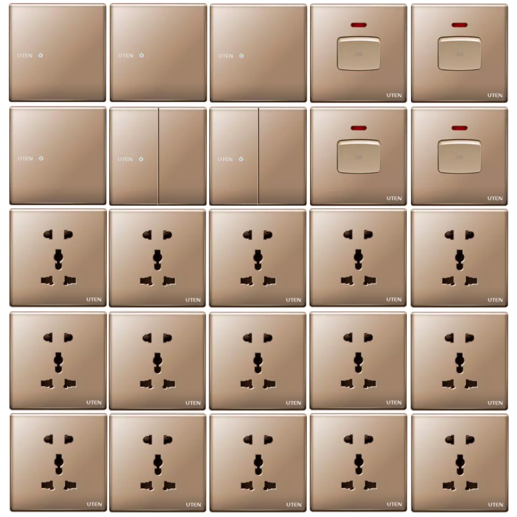Công tắc mặt vuông 20A, ổ cắm đa năng, ổ mạng Uten Z9 mặt kính màu gold