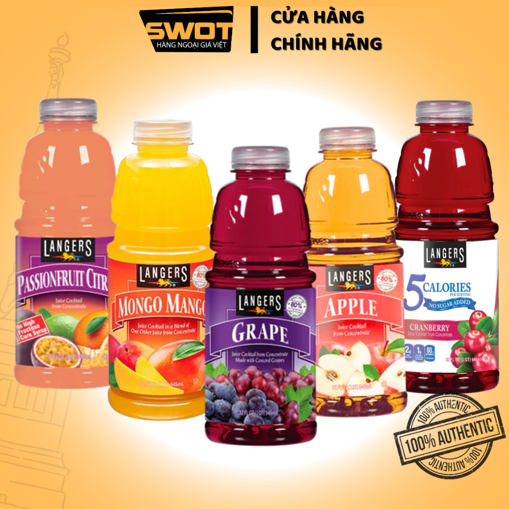 Combo 5 chai Nước ép trái cây LANGERS Mỹ 946ml vị Chanh Dây, Nho, Xoài, Táo, Việt Quất, Nước ép trái cây tươi thơm ngon