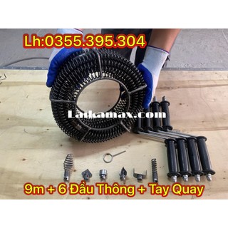 Dây thông tắc cống lò xo dùng tay quay dài 9m + 6 đầu thông + tay quay