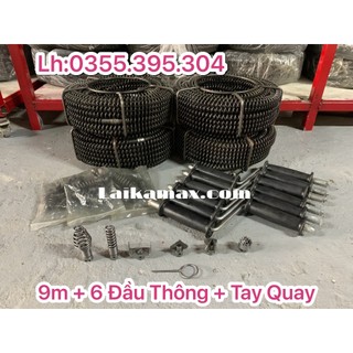 Dây thông tắc cống lò xo dùng tay quay dài 9m + 6 đầu thông + tay quay